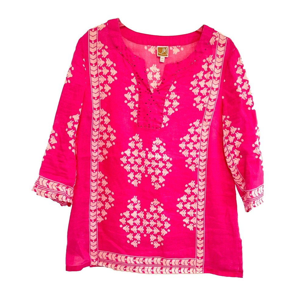 JM Collection top Large 100% linen pink Rhinestone embellish Boho Peasant Hippie